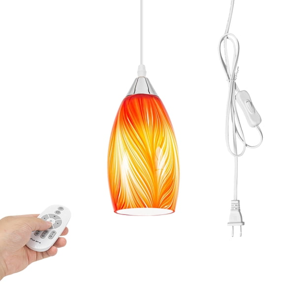 Kiven Plug in Pendant Light, Farmhouse Hanging Light Fixture with Remote and Art Glass Lampshade, E26 Socket Dimmable Pendant Lights for Bedroom Hallway Kitchen TB3232-I