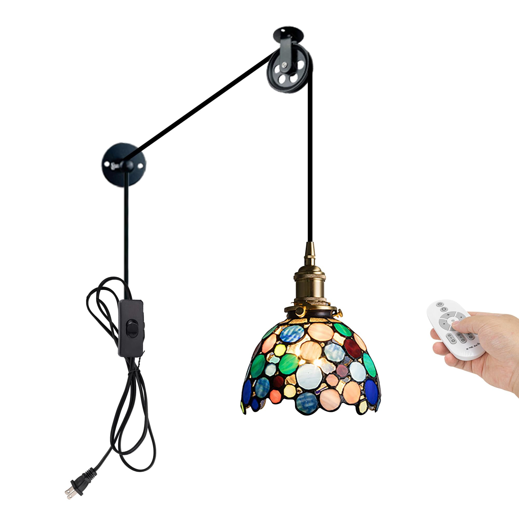 Plug-in Pendant Light With 15ft Cord - Handblown Colorful Glass Shade, E26 Base, For Kitchen Island, Dining Room, No Hardwiring