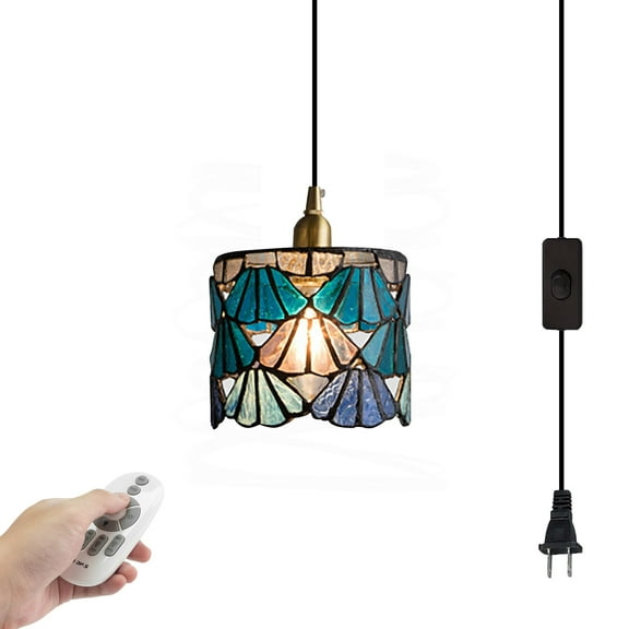 Kiven Plug in Pendant Light, Farmhouse Hanging Light Fixture with Remote and Glass Lampshade, E26 Socket Dimmable Pendant Light for Bedroom Hallway Kitchen, TB3237-F