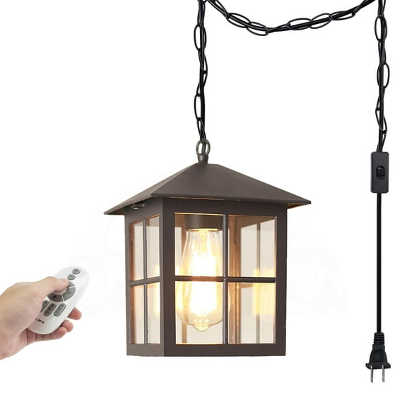 Kiven Plug in Pendant Light, Farmhouse Hanging Light Fixture with Remote and Iron Glass Lampshade and Iron Chain, E26 Socket Dimmable Pendant Light for Hallway Kitchen Bedroom(TB3147B)