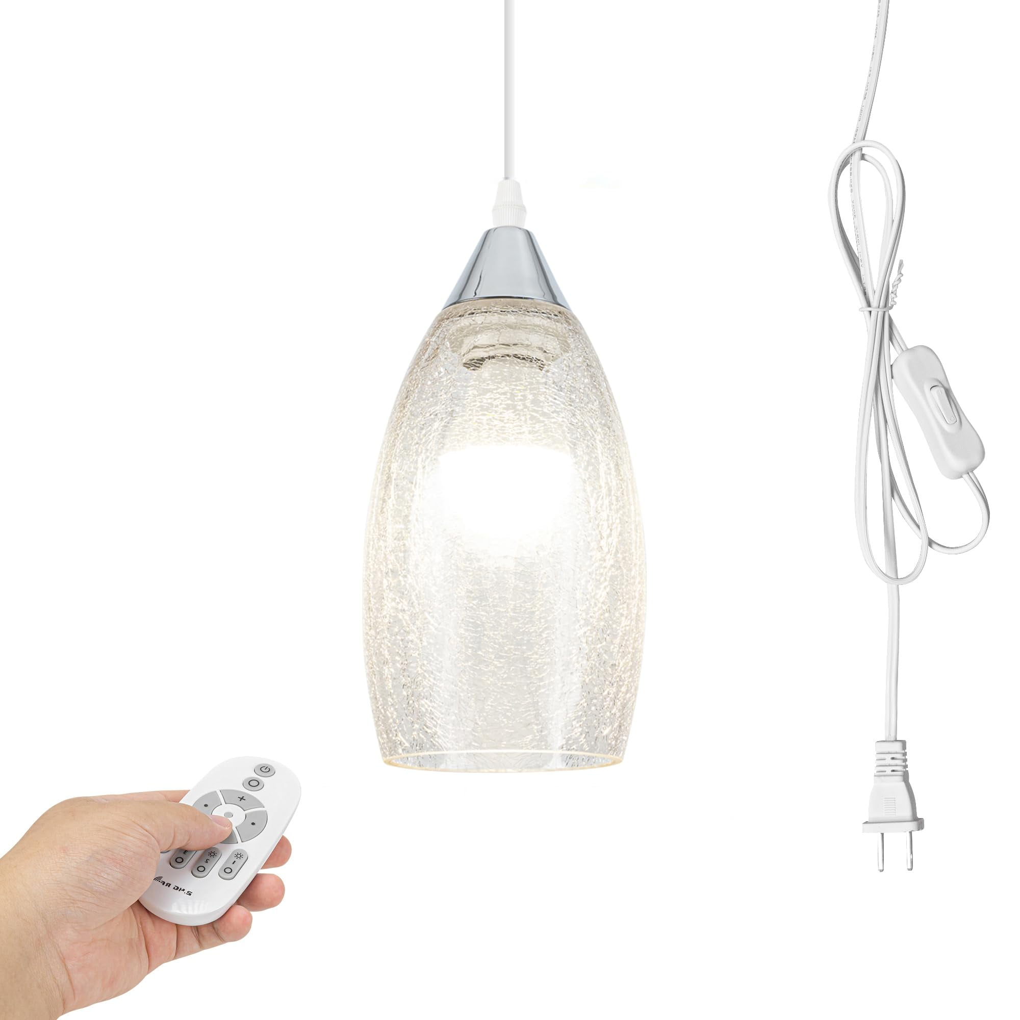 Kiven Plug in Pendant Light, Farmhouse Hanging Light Fixture with Remote and Stained Glass Lampsade, E26 Socket Dimmable Pendant Light for Bedroom Hallway Kitchen DZ0524