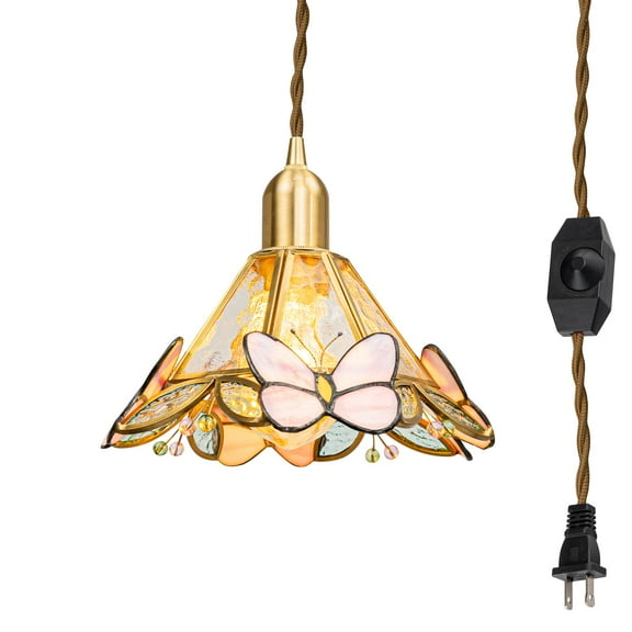 Kiven Plug in Pendant Light, Farmhouse Hanging Light Fixture with Stained Glass Lampsade, E26 Socket Dimmable Pendant Light for Bedroom Hallway Kitchen DZ0488
