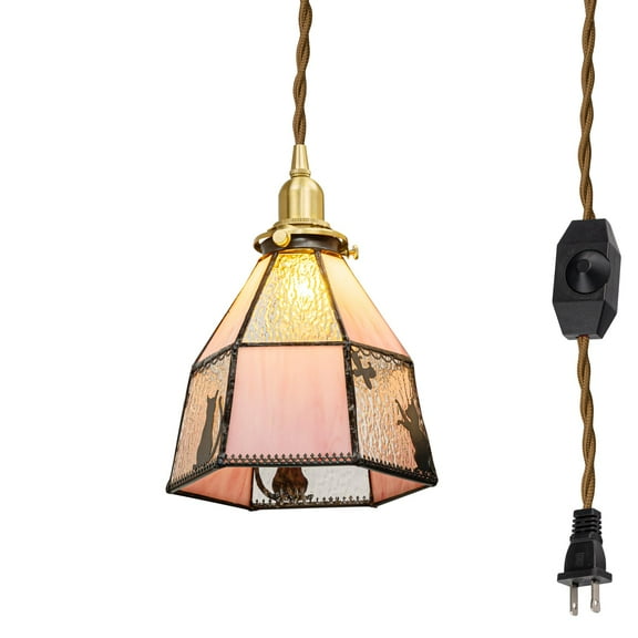 Kiven Plug in Pendant Light, Farmhouse Hanging Light Fixture with Stained Glass Lampsade, E26 Socket Dimmable Pendant Light for Bedroom Hallway Kitchen DZ0489