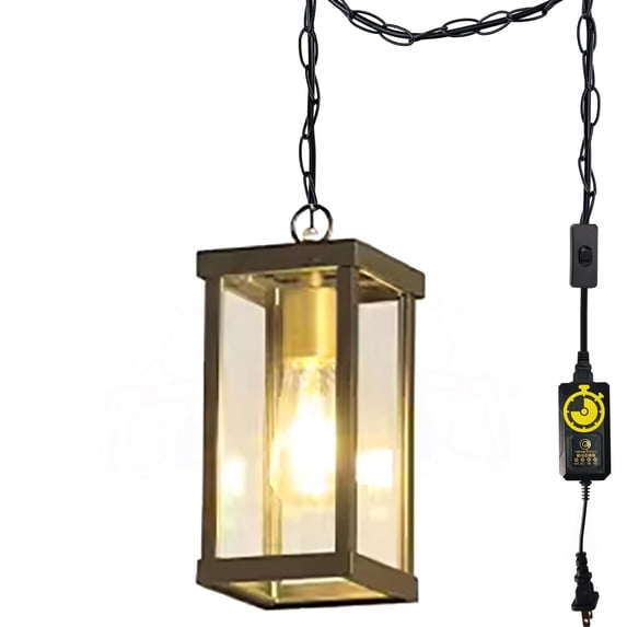 Kiven Plug in Pendant Light, Farmhouse Hanging Light Fixture with Timer and Iron Glass Lampshade and Iron Chain, E26 Socket Pendant Light for Hallway Kitchen Bedroom(TB3150)