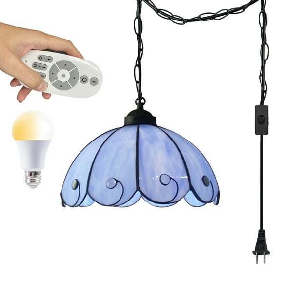 Kiven Plug in Pendant Light, Hanging Light Fixture with Glass Lampshade and 13ft Glass Chain, Modern Dimmable Pendant Light for Bedroom Foyer Hallway Kitchen Island, Purple Finish