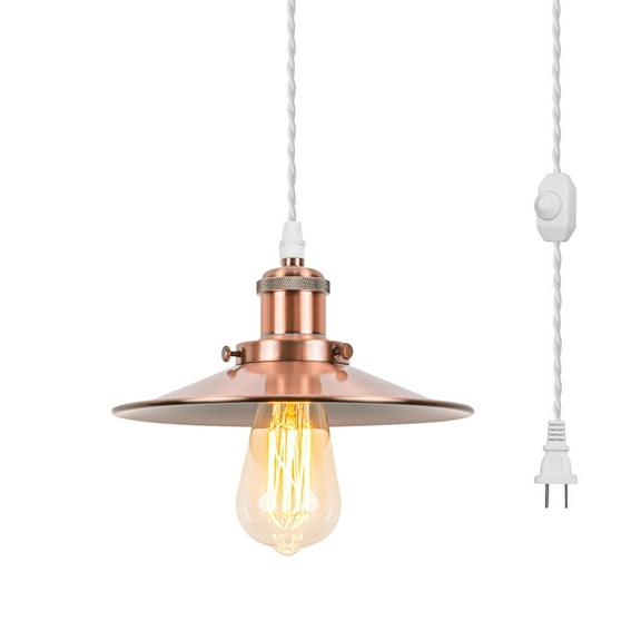 Kiven Plug in Pendant Light, Hanging Light with Metal Lampshade, Modern Dimmable Ceiling Pendant Light for Bedroom Foyer Hallway Kitchen Island, Copper Red Finish