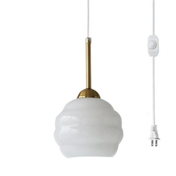 Kiven Plug in Pendant Light, Hanging Light with White Glass Lampshade, Modern Dimmable Ceiling Pendant Light for Bedroom Foyer Hallway Kitchen Island, Brass Finish
