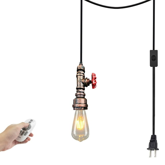 Kiven Plug in Pendant Light,Industrial Hanging Light and 15FT Plug-in Cord and Remote Control, Steampunk Ceiling Pendant Light for Bedroom Hallway Foyer Kitchen Island,Copper Red Finish