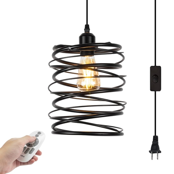 Kiven Plug in Pendant Light, Industrial Hanging Light Fixture with Remote and Iron Cage Lampashe, E26 Socket Dimmable Pendant Light for Bedroom Hallway Kitchen