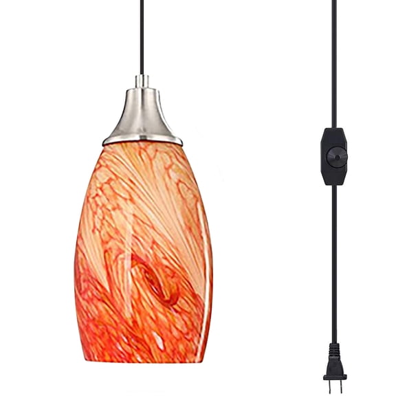 Kiven Plug in Pendant Light, Modern Hanging Light Fixture with Orange Art Glass Lampshade, E26 Socket Dimmable Pendant Light for Bedroom Hallway Kitchen