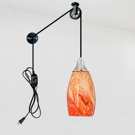 Kiven Plug in Pendant Light, Modern Hanging Light Fixture with Orange Art Glass Lampshade and Pulley, E26 Socket Dimmable Pendant Light for Bedroom Hallway Kitchen,Adjustable Height