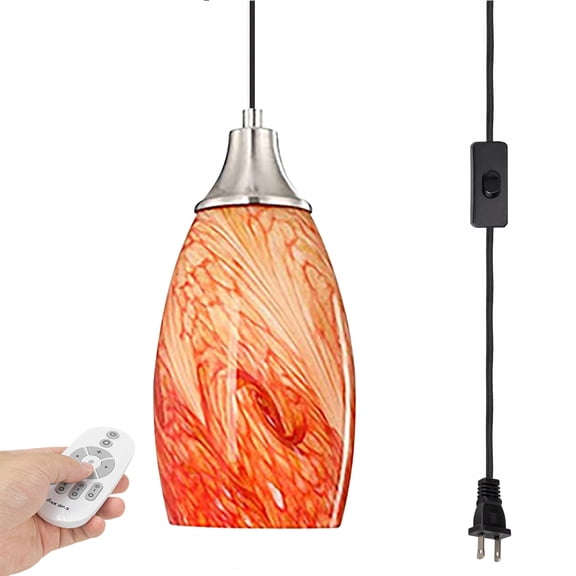 Kiven Plug in Pendant Light, Modern Hanging Light Fixture with Remote and Orange Art Glass Lampshade, E26 Socket Dimmable Pendant Light for Bedroom Hallway Kitchen