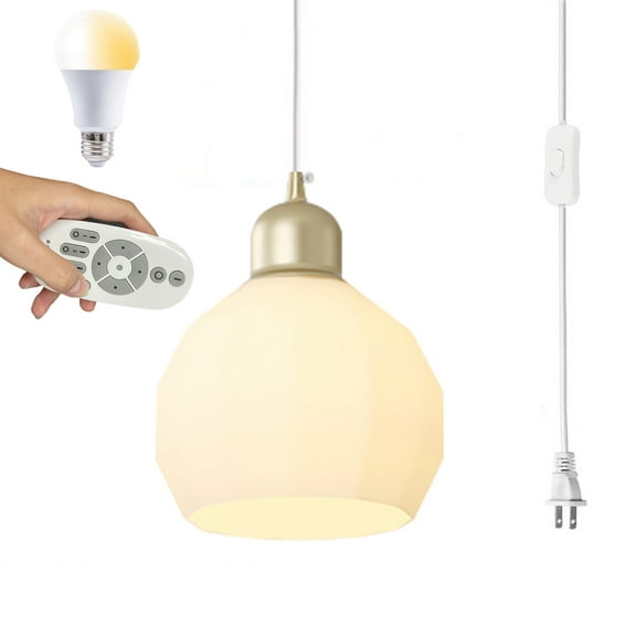 Kiven Plug in Pendant Light, Modern Hanging Light with Remote Control and White Glass Shade, Dimmable Ceiling Pendant Light for Hallway Foyer Kitchen Island Bedroom , E26 Base