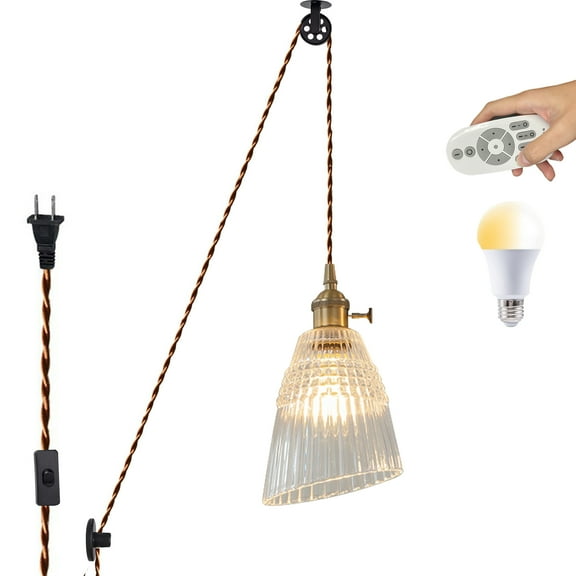 Kiven Plug in Pendant Light, Modern Pulley Hanging Light with Remote Control and White Glass Shade, Dimmable Ceiling Pendant Light for Hallway Foyer Kitchen Island Bedroom , E26 Base