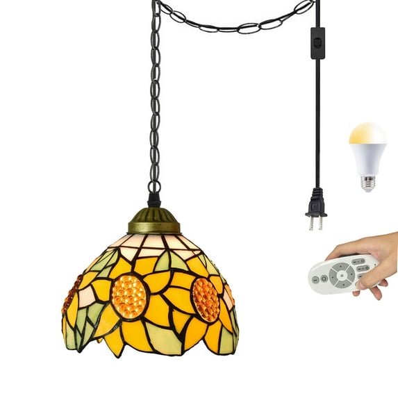 Kiven Plug in Pendant Light, Pulley Hanging Light Fixture with 13FT Iron Chain and Remote, Tiffany Style Dimmable Pendant Light with 3 Colors Mode for Bedroom Foyer Hallway Kitchen Island