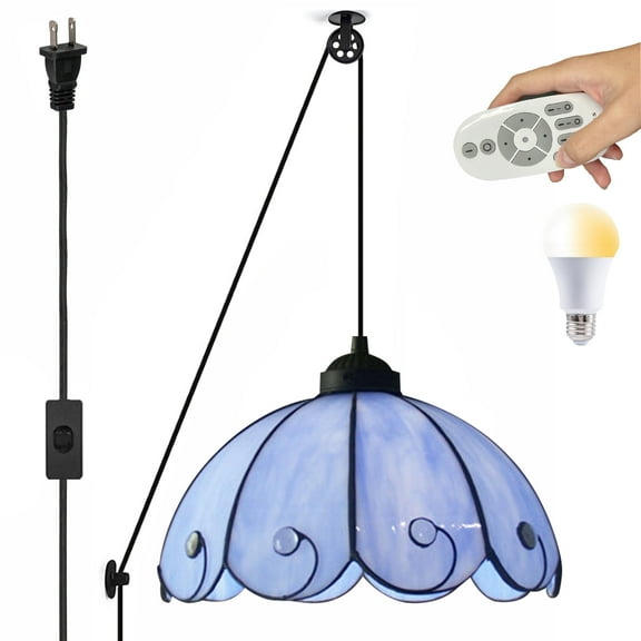 Kiven Plug in Pendant Light, Pulley Hanging Light Fixture with Remote Control & Glass Shade, Modern Dimmable Pendant Light with 3 Colors Mode for Bedroom Foyer Hallway Kitchen Sink,Purple Finish