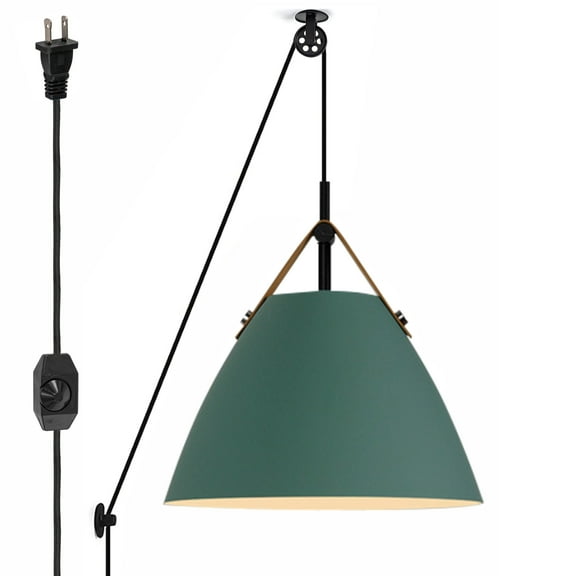 Kiven Plug in Pendant Light, Pulley Hanging Light with Green Iron Lampshade, Modern Dimmable Ceiling Pendant Light for Bedroom Foyer Hallway Kitchen Island, E26 Socket