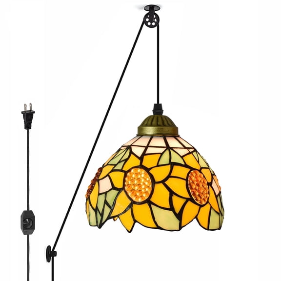 Kiven Plug in Pendant Light, Pulley Hanging Light with Yellow Glass Lampshade, E26 Socket Tiffany Style Dimmable Pendant Light for Bedroom Foyer Hallway Kitchen Island