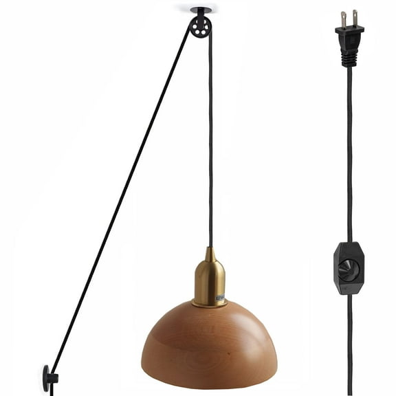 Kiven Plug in Pendant Light Pulley Pendant Light Wood Shade Light Fixture with 15ft in-line Dimmer Switch Cord Dimmable for Living Room Resturant - 1 Light