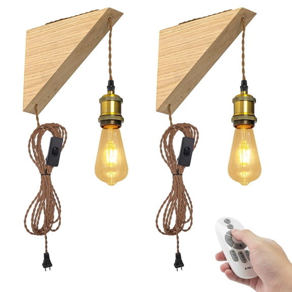Kiven Plug in Wall Lamp Adjustable Height, Farmhouse Style Bedside Lamp, Dimmable Wall Sconce for Kitchen Reading Bedside,Gold Finish E26 Socket,Wooden Bracket,Set of 2