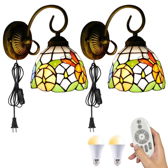 Kiven Plug in Wall Lamp Tiffany Style Dimmable Wall Sconce with Remote Control and Glass Shade, Color Changing, 5.9ft Plug-in Cord, E26 Socket(Set of 2)