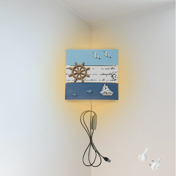 Kiven Plug in Wall Sconce with 3 Colors Mode,Modern Wall Sconces Indoor,Wooden Dimmable Corner Lamp for Bedroom, Dark Corner,Wall Decor,Marine Style Wooden Lamp