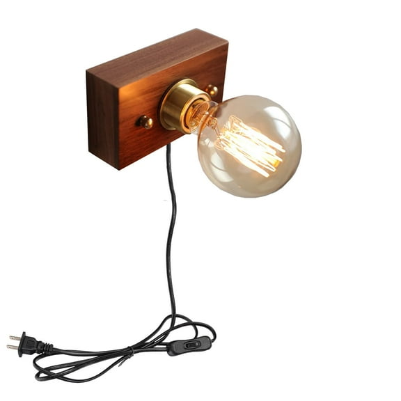 Kiven Plug in Wall Sconce Black Walnut Wall Lamp with Button Switch Plug in Cord Vintage Wall Mounted Lighting Fixture for Bedside Bedroom Showcase - 1 PackBulb not Included