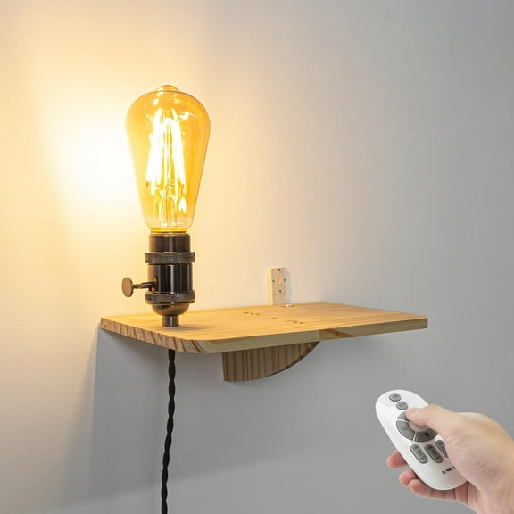 Kiven Plug in Wall Sconce with Remote Control, Vintage Wall Shelf with Light, Bedside Lamp with 5.9ft Plug in Cord for Bedroom Living Room Office,1-Light