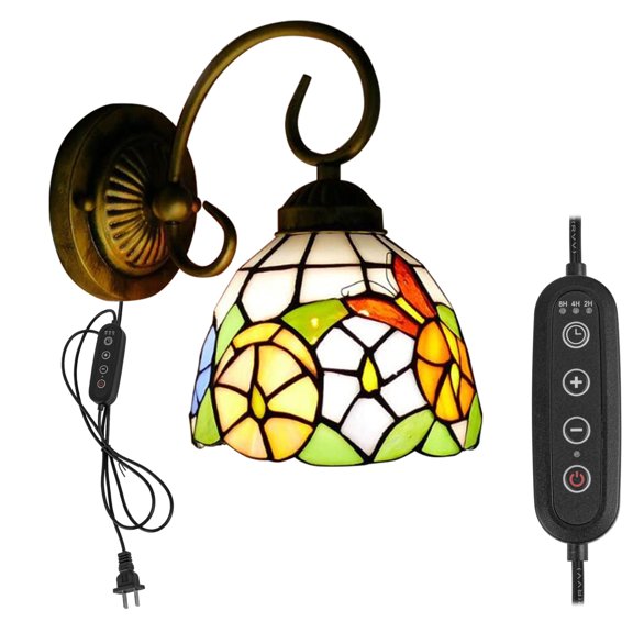 Kiven Plug in Black Wall Lamp Tiffany Style Dimmable Plug in Wall Sconce with Timer, Glass Lampshade, 5.9ft Plug-in Cord, E26 Socket