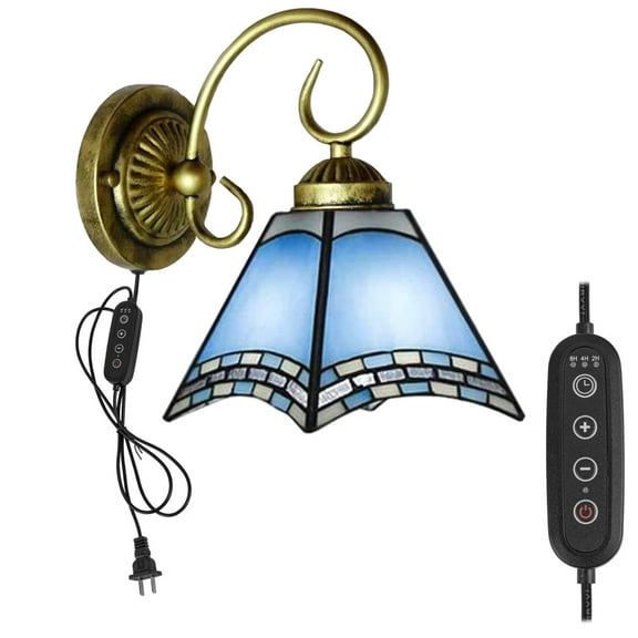 Kiven Plug in Black Wall Lamp Tiffany Style Dimmable Plug in Wall Sconce with Timer, Glass Lampshade, 5.9ft Plug-in Cord, E26 Socket