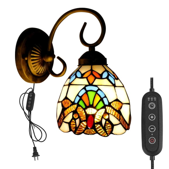 Kiven Plug in Black Wall Lamp Tiffany Style Dimmable Plug in Wall Sconce with Timer, Glass Lampshade, 5.9ft Plug-in Cord, E26 Socket