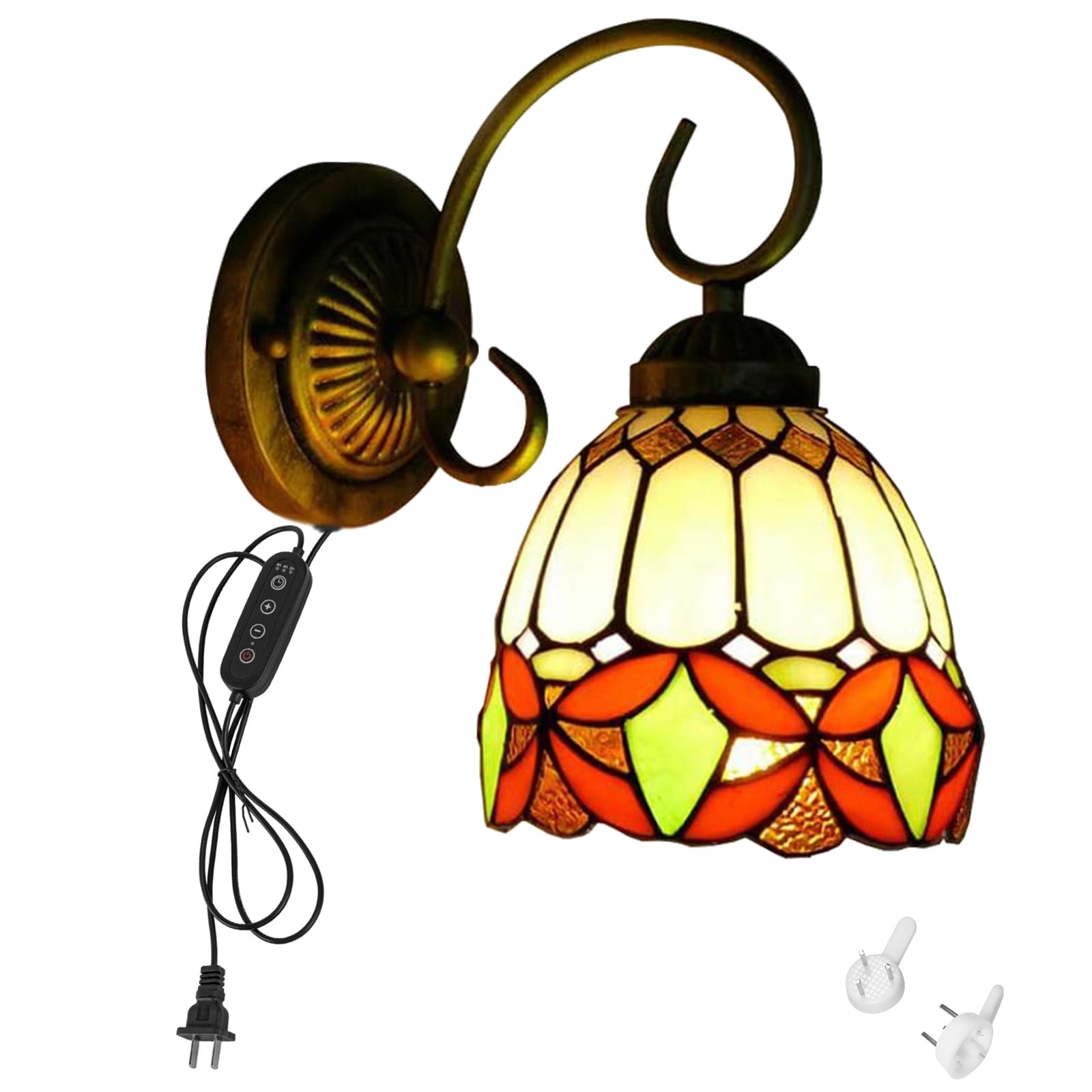 Kiven Plug in Black Wall Lamp Tiffany Style Dimmable Plug in Wall Sconce with Timer, Glass Lampshade, 5.9ft Plug-in Cord, E26 Socket