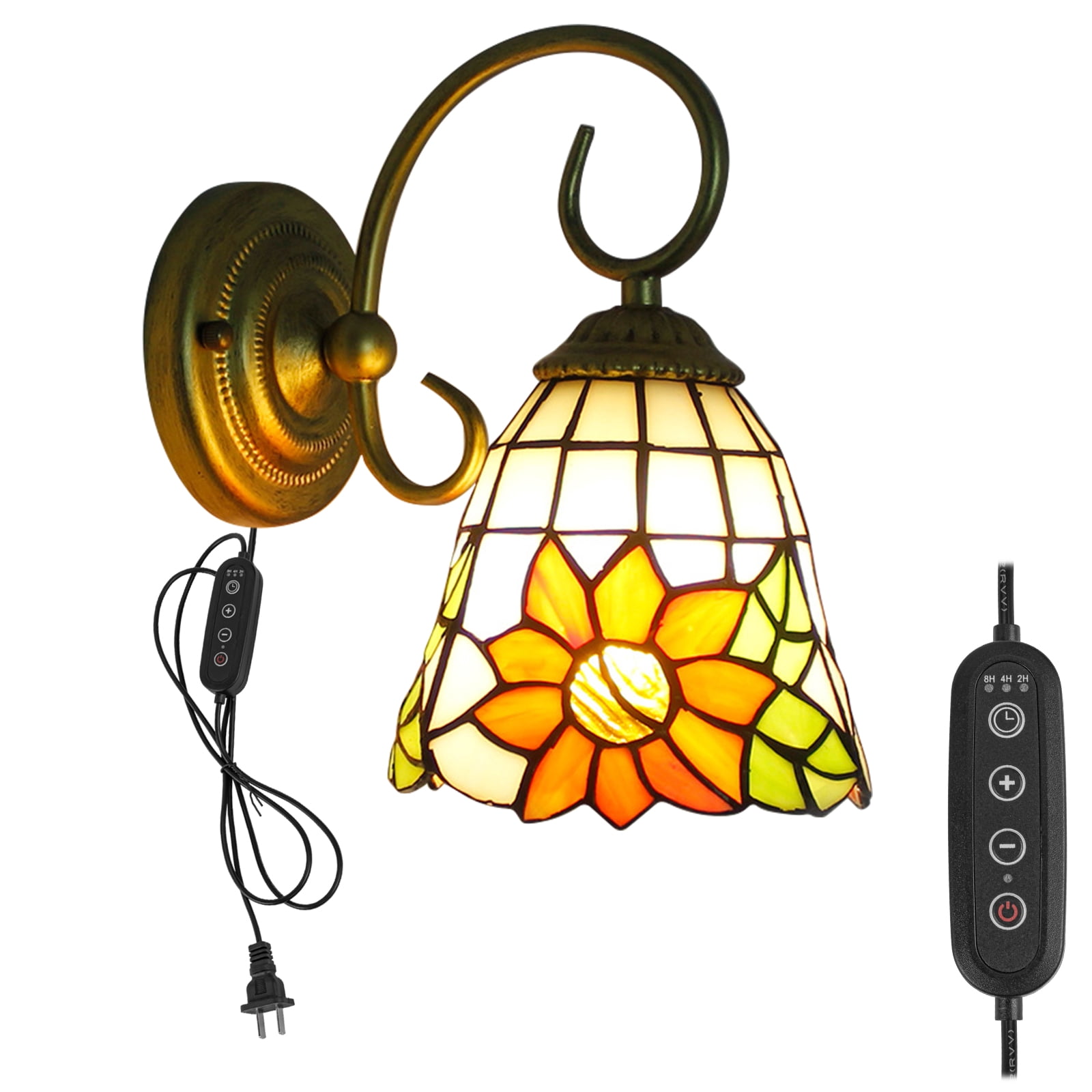 Kiven Plug in Black Wall Lamp Tiffany Style Dimmable Plug in Wall Sconce with Timer, Glass Lampshade, 5.9ft Plug-in Cord, E26 Socket