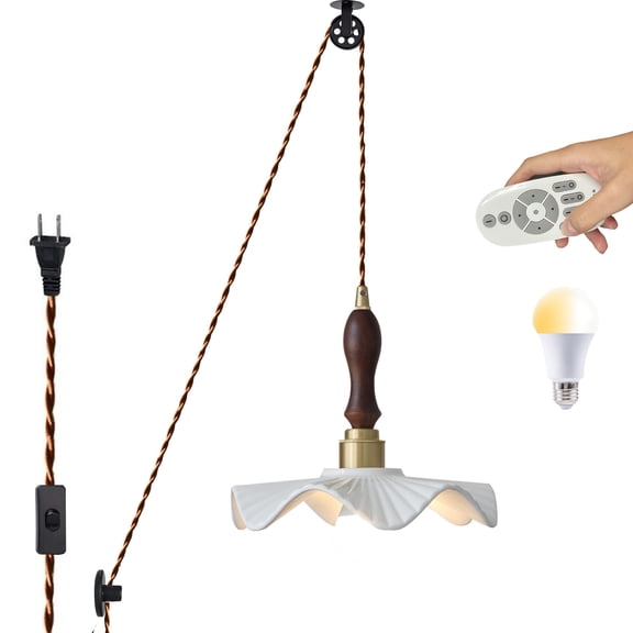 Kiven Plug in Ceramic Pendant Light, Pulley Modern Hanging Light with Remote Control and Ceramic Lampshade, Dimmable Ceiling Pendant LightE26 Base