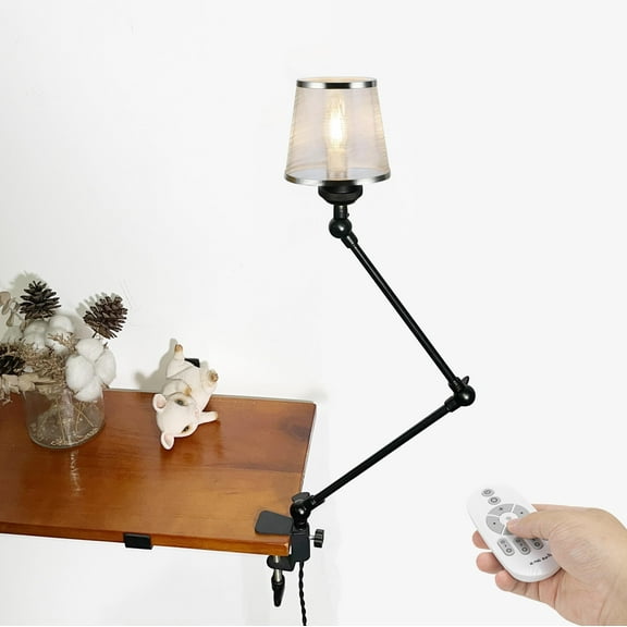 Kiven Plug-in Clamp Table Lamp, 1-Light Dimmable Swing Arm Desk Lamp with 8.2FT Plug in Cord, Decorative Clamp Lamp for Farmhouse Home Decor Bookshelf Bedside, Gold Fabric Mesh Library Light