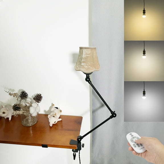 Kiven Plug-in Clamp Table Lamp, 1-Light Dimmable Swing Arm Desk Lamp with 8.2FT Plug in Cord, Decorative Clamp Lamp Farmhouse Style Linen Library Light(#11)
