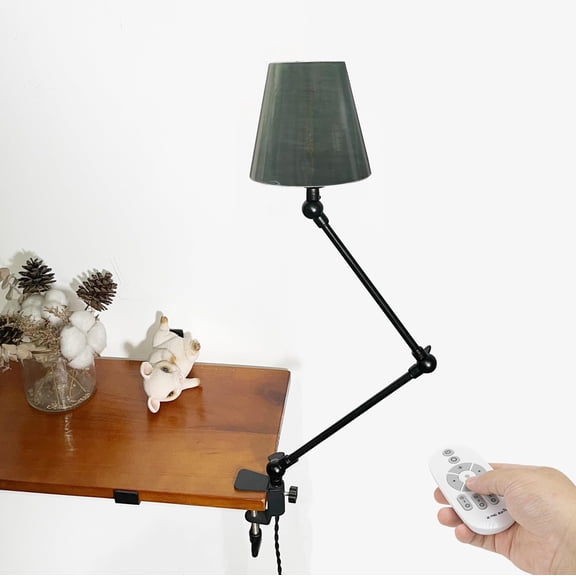 Kiven Plug-in Clamp Table Lamp, 1-Light Dimmable Swing Arm Desk Lamp with 8.2FT Plug in Cord, Decorative Clamp Lamp for Home Decor Bookshelf Bedside, Classic Green Linen Library Light