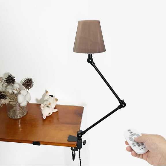 Kiven Plug-in Clamp Table Lamp, 1-Light Dimmable Swing Arm Desk Lamp with 8.2FT Plug in Cord, Decorative Clamp Lamp for Home Decor Bookshelf Bedside, Classic Khaki Linen Library Light