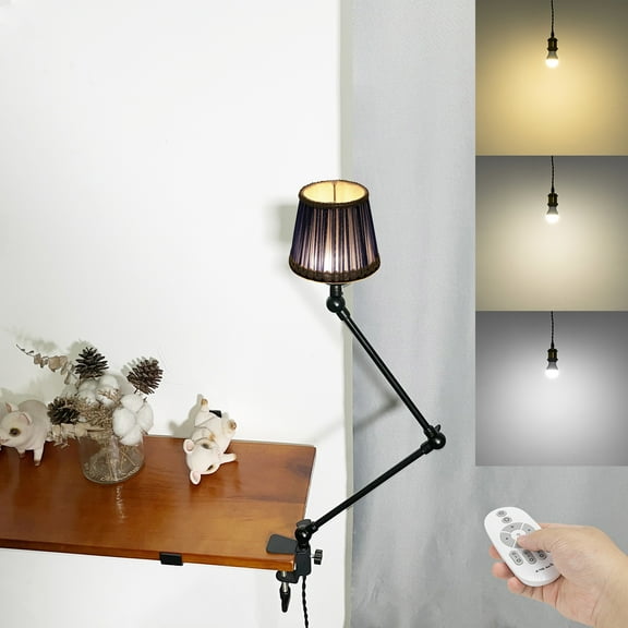 Kiven Plug-in Clamp Table Lamp, 1-Light Dimmable Swing Arm Desk Lamp with 8.2FT Plug in Cord, Decorative Clamp Lamp for Home Decor Bookshelf Bedside, Classic Linen Library Light(#808)