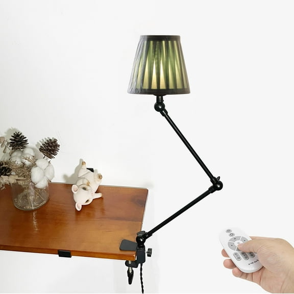 Kiven Plug-in Clamp Table Lamp, 1-Light Dimmable Swing Arm Desk Lamp with 8.2FT Plug in Cord, Decorative Clamp Lamp for Home Decor Bookshelf Bedside, Classic Linen Library Light,Green