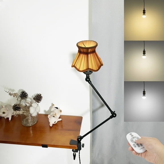 Kiven Plug-in Clamp Table Lamp, 1-Light Dimmable Swing Arm Desk Lamp with 8.2FT Plug in Cord, Decorative Clamp Lamp for Home Decor Bookshelf Bedside, Classic Linen Library Light(#802)