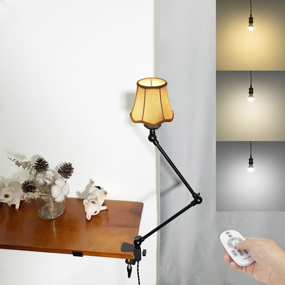 Kiven Plug-in Clamp Table Lamp, 1-Light Dimmable Swing Arm Desk Lamp with 8.2FT Plug in Cord, Decorative Clamp Lamp for Home Decor Bookshelf Bedside, Classic Linen Library Light(#804)