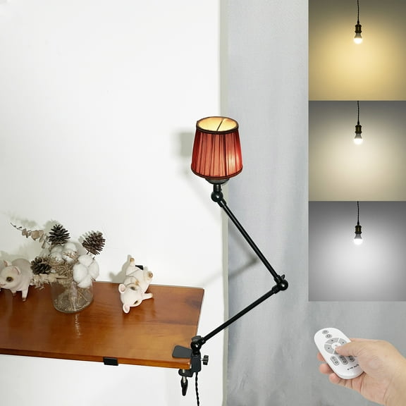 Kiven Plug-in Clamp Table Lamp, 1-Light Dimmable Swing Arm Desk Lamp with 8.2FT Plug in Cord, Decorative Clamp Lamp for Home Decor Bookshelf Bedside, Classic Linen Library Light(#809)