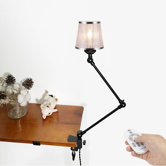 Kiven Plug-in Clamp Table Lamp, 1-Light Dimmable Swing Arm Desk Lamp with 8.2FT Plug in Cord, Decorative Clamp Lamp for Farmhouse Home Decor Bookshelf Bedside, Silver Fabric Mesh Library Light