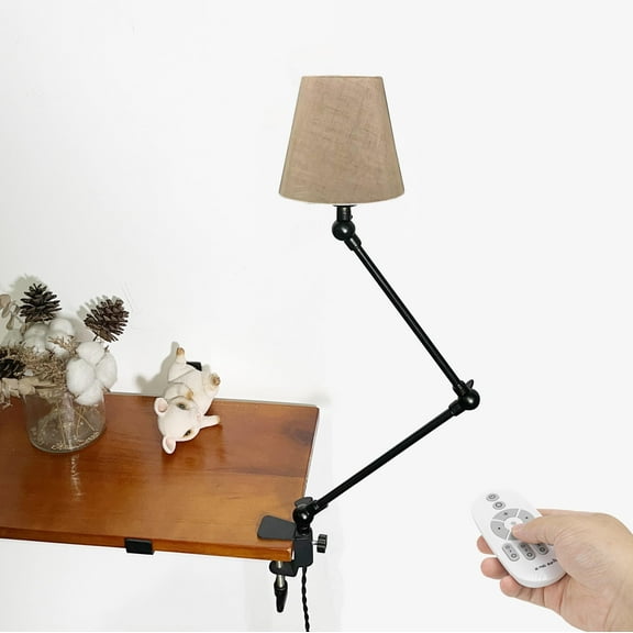 Kiven Plug-in Clamp Table Lamp, 1-Light Dimmable Swing Arm Desk Lamp with 8.2FT Plug in Cord, Decorative Clamp Lamp for Home Decor Bookshelf Bedside, Classic Flaxen Library Light