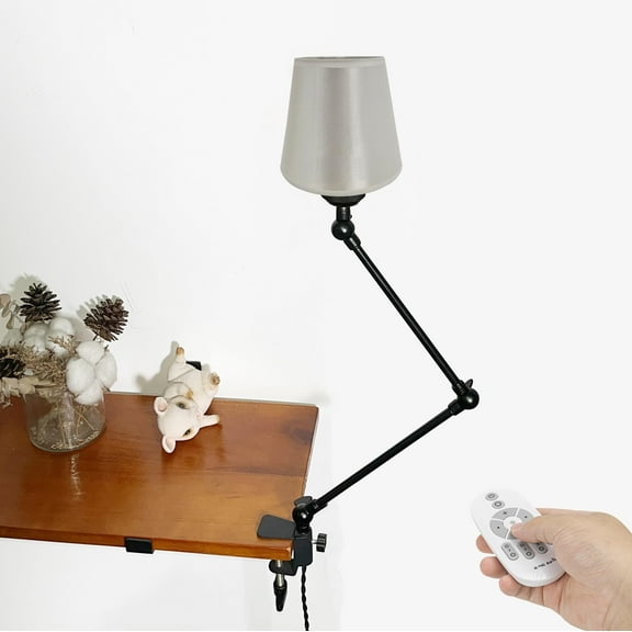 Kiven Plug-in Clamp Table Lamp, 1-Light Dimmable Swing Arm Desk Lamp with 8.2FT Plug in Cord, Decorative Clamp Lamp for Home Decor Bookshelf Bedside, Farmhouse Decor White Fabric Library Light
