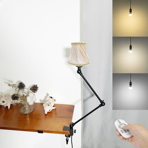 Kiven Plug-in Clamp Table Lamp, 1-Light Dimmable Swing Arm Desk Lamp with 8.2FT Plug in Cord, Decorative Clamp Lamp Classic Linen Library Light(#10)
