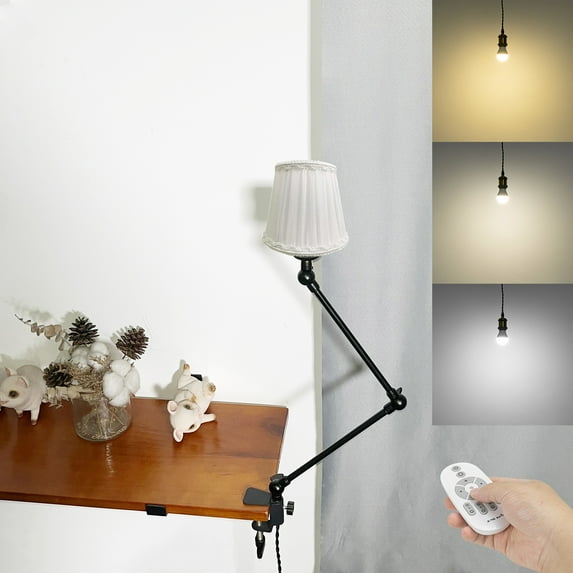 Kiven Plug-in Clamp Table Lamp, 1-Light Dimmable Swing Arm Desk Lamp with 8.2FT Plug in Cord, Decorative Clamp Lamp Classic Linen Library Light(#2)
