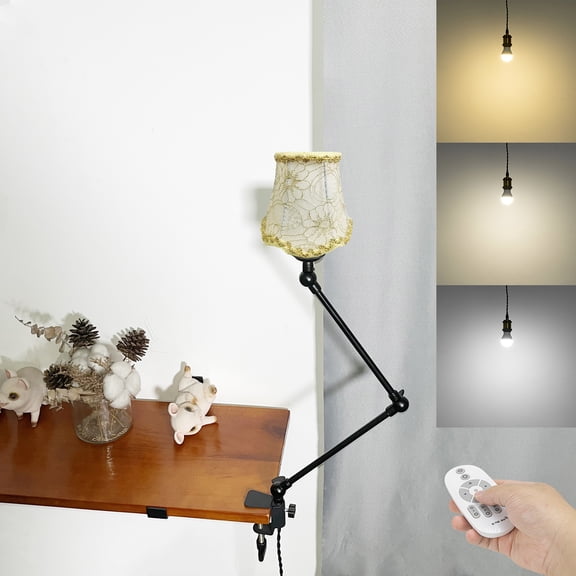 Kiven Plug-in Clamp Table Lamp, 1-Light Dimmable Swing Arm Desk Lamp with 8.2FT Plug in Cord, Decorative Clamp Lamp Classic Linen Library Light(#5)