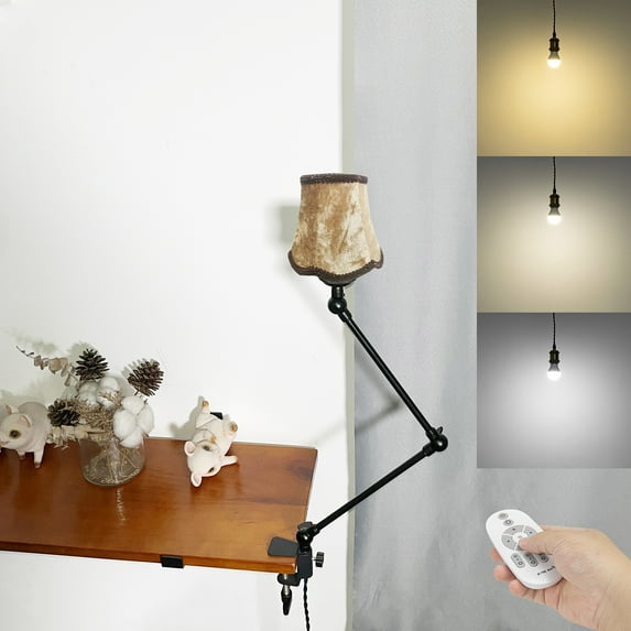 Kiven Plug-in Clamp Table Lamp, 1-Light Dimmable Swing Arm Desk Lamp with 8.2FT Plug in Cord, Decorative Clamp Lamp Classic Linen Library Light(#7)